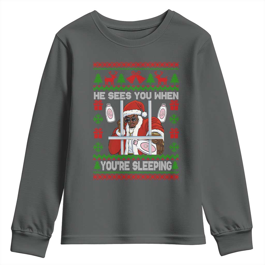 Funny Christmas Diddy Youth Sweatshirt Diddy Sees You When Youre Sleeping Dirty Ugly Xmas TS10 Dark Heather Print Your Wear
