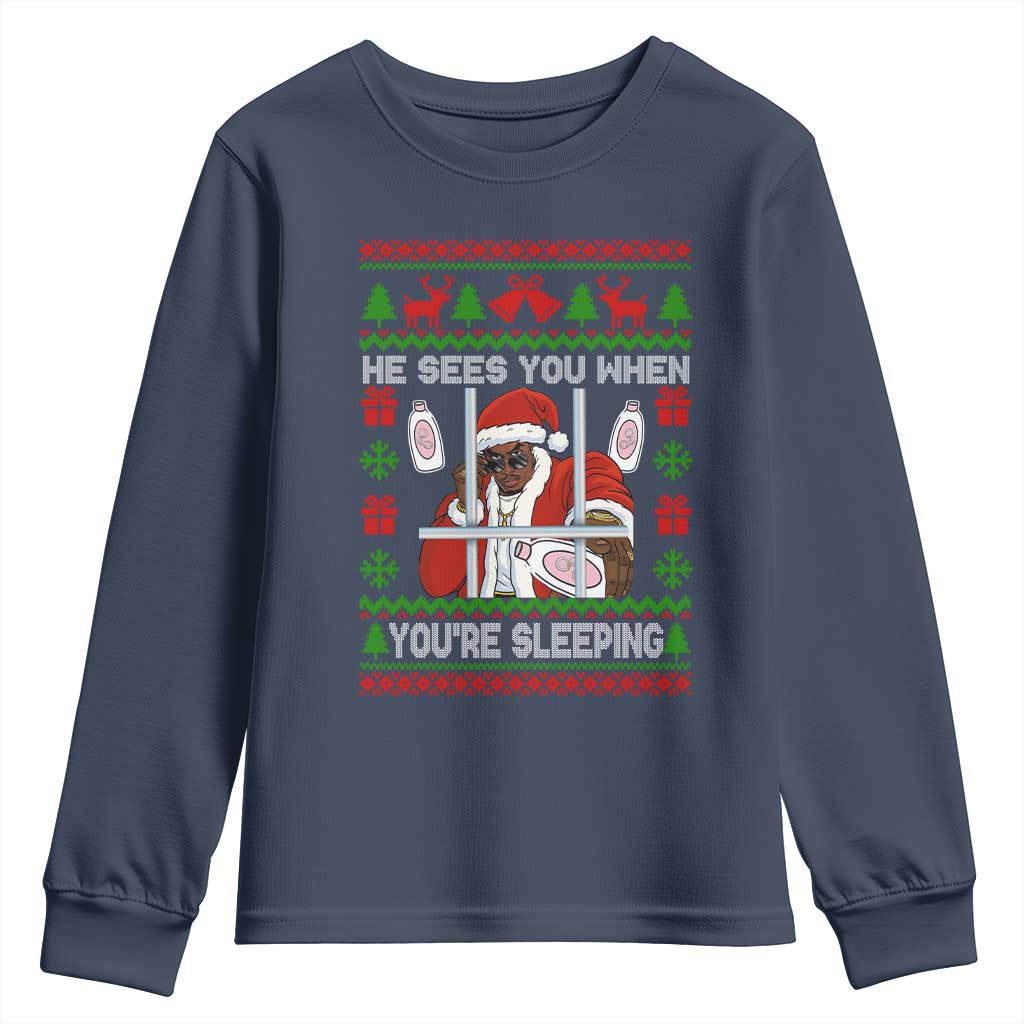 Funny Christmas Diddy Youth Sweatshirt Diddy Sees You When Youre Sleeping Dirty Ugly Xmas TS10 Navy Print Your Wear