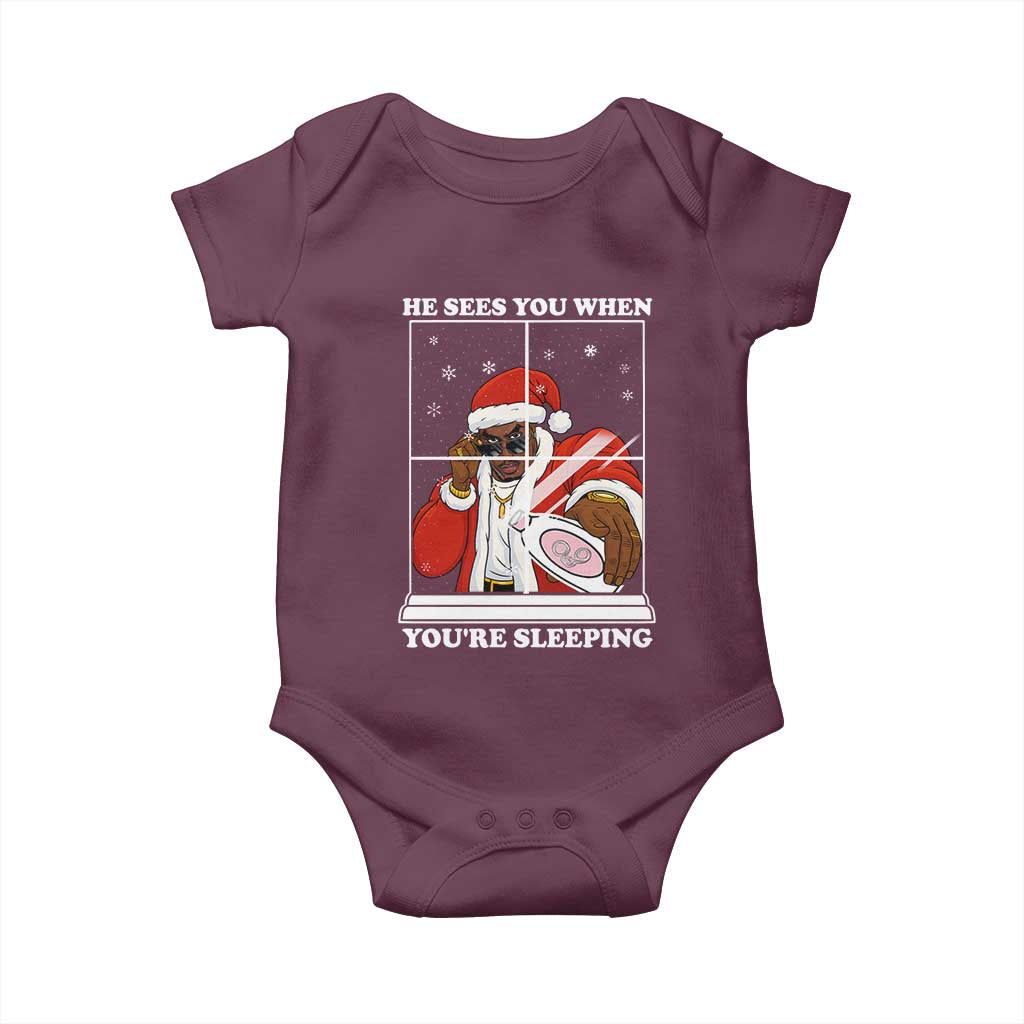 Funny Christmas Diddy Baby Onesie He Sees You When Youre Sleeping Dirty Ugly Xmas TS10 Maroon Print Your Wear