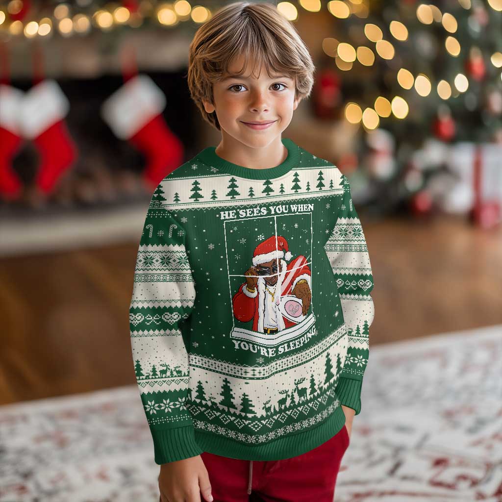 Funny Xmas Diddy Ugly Christmas Sweater He Sees You When Youre Sleeping Dirty Ugly Xmas TS10 Forest Green Beige Print Your Wear