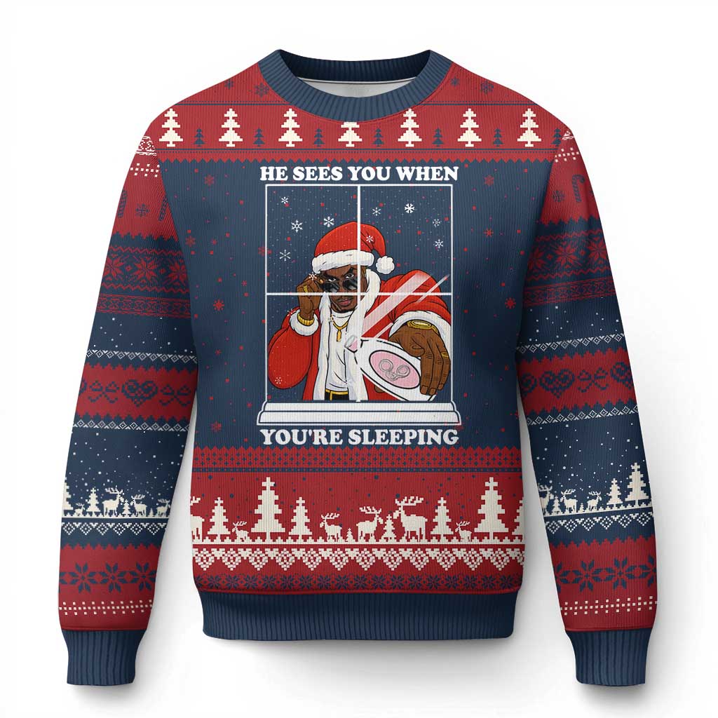 Funny Xmas Diddy Ugly Christmas Sweater He Sees You When Youre Sleeping Dirty Ugly Xmas TS10 Navy Red Print Your Wear