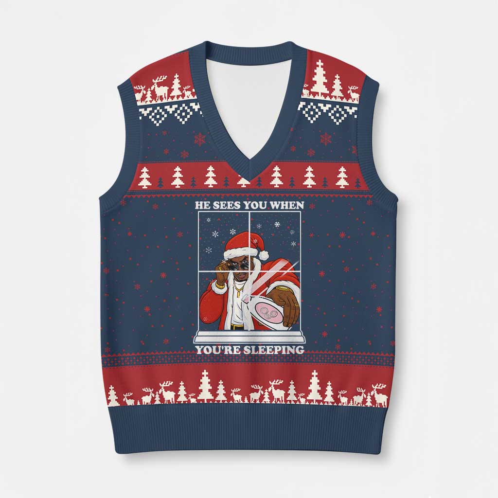 Funny Xmas Diddy V-Neck Knit Sweater Vest He Sees You When Youre Sleeping Dirty Ugly Xmas TS10 Navy Red Print Your Wear