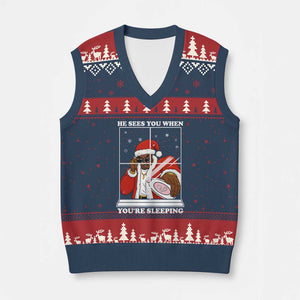 Funny Xmas Diddy V-Neck Knit Sweater Vest He Sees You When Youre Sleeping Dirty Ugly Xmas TS10 Navy Red Print Your Wear