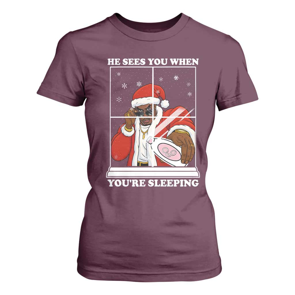Funny Christmas Diddy T Shirt For Women He Sees You When Youre Sleeping Dirty Ugly Xmas TS10 Maroon Print Your Wear
