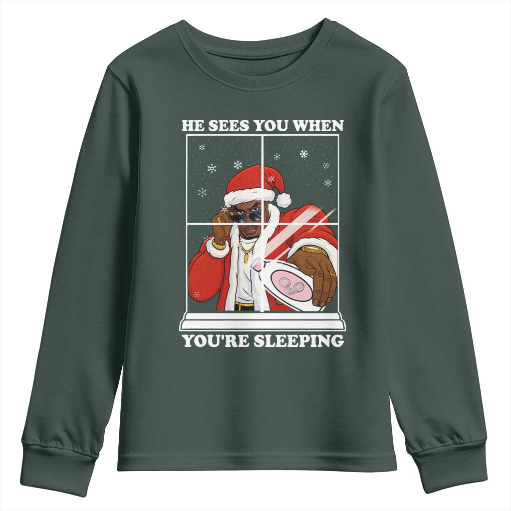 Funny Christmas Diddy Youth Sweatshirt He Sees You When Youre Sleeping Dirty Ugly Xmas TS10 Dark Forest Green Print Your Wear