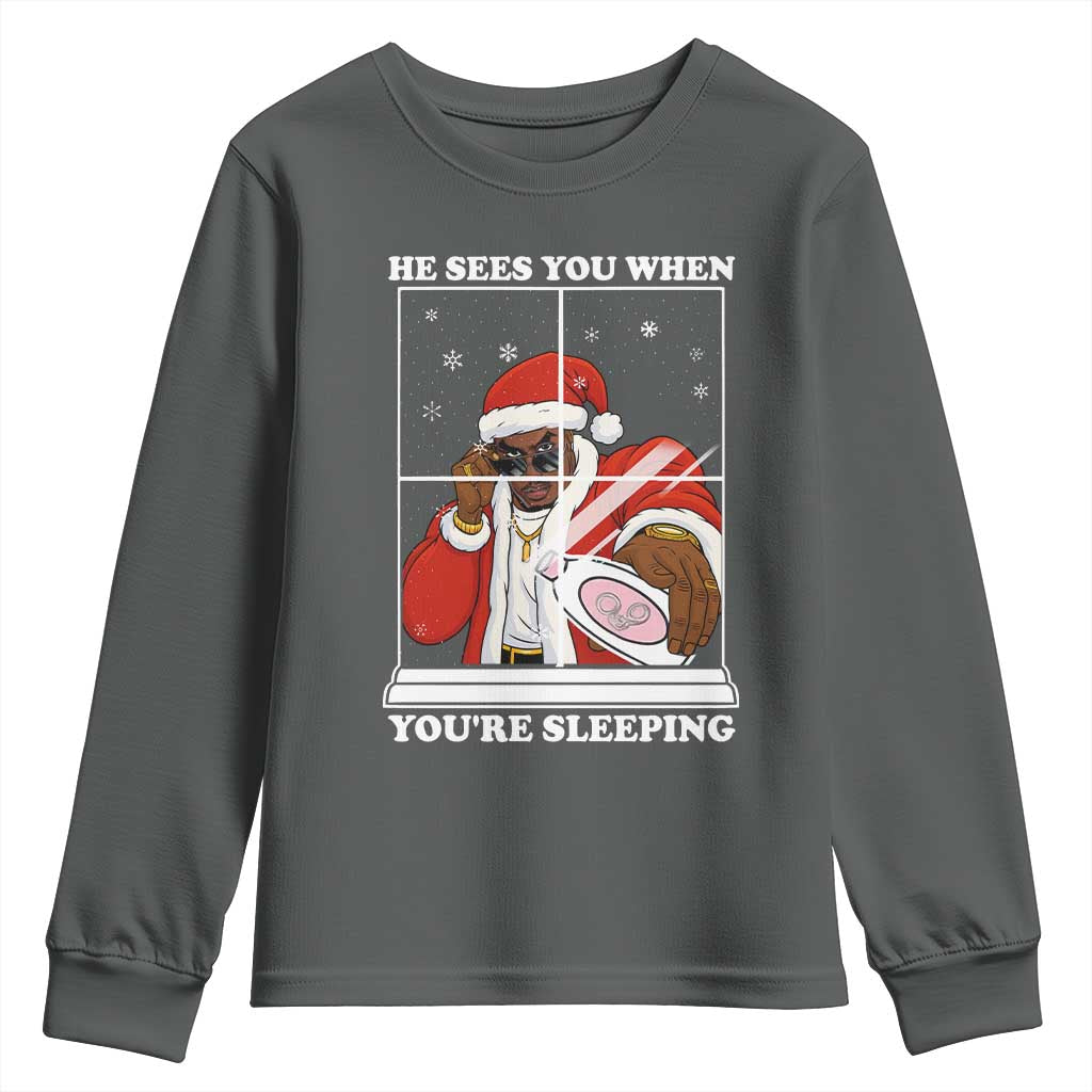 Funny Christmas Diddy Youth Sweatshirt He Sees You When Youre Sleeping Dirty Ugly Xmas TS10 Dark Heather Print Your Wear