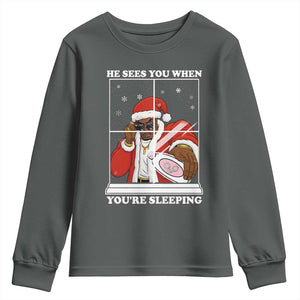 Funny Christmas Diddy Youth Sweatshirt He Sees You When Youre Sleeping Dirty Ugly Xmas TS10 Dark Heather Print Your Wear