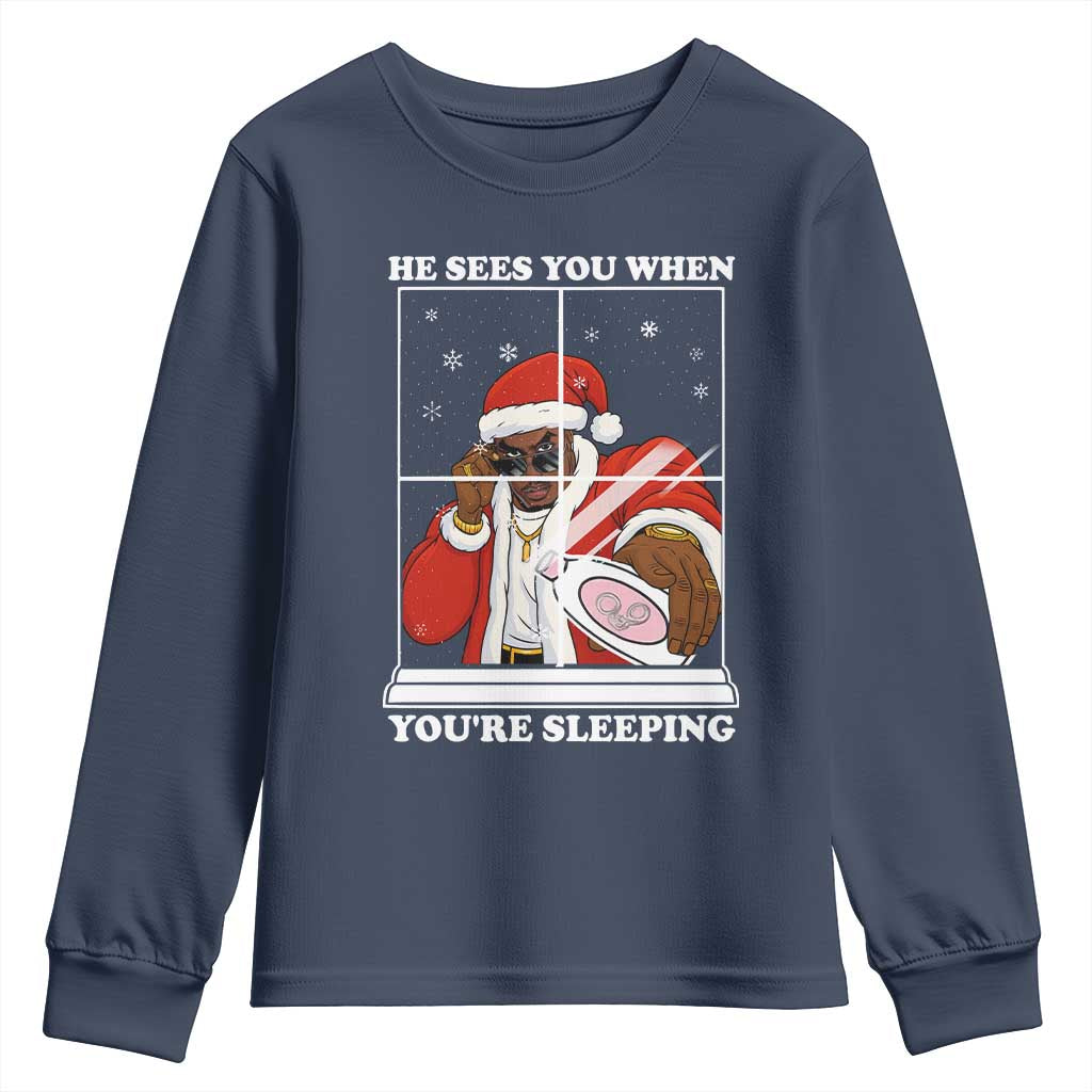 Funny Christmas Diddy Youth Sweatshirt He Sees You When Youre Sleeping Dirty Ugly Xmas TS10 Navy Print Your Wear