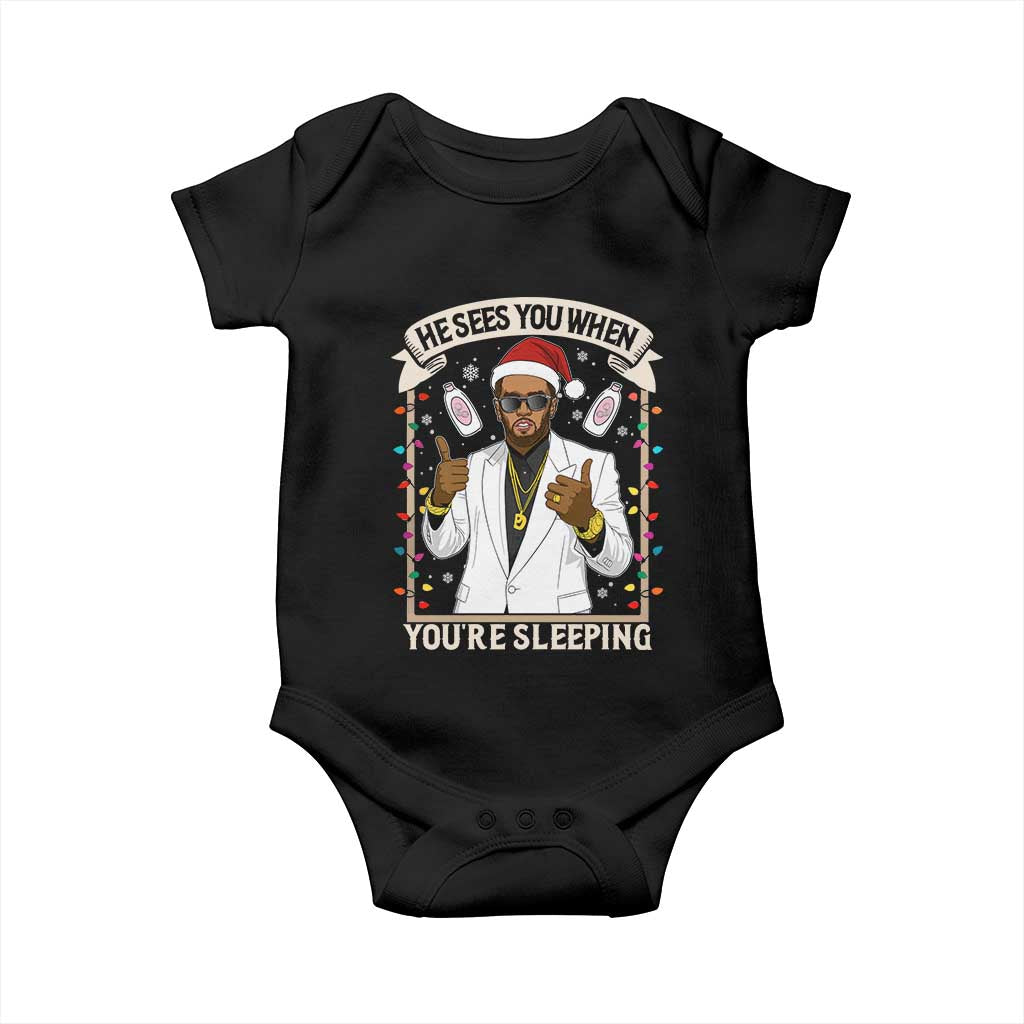 Funny Christmas Diddy Baby Onesie He Sees You When Youre Sleeping Dirty Xmas Lights TS10 Black Print Your Wear