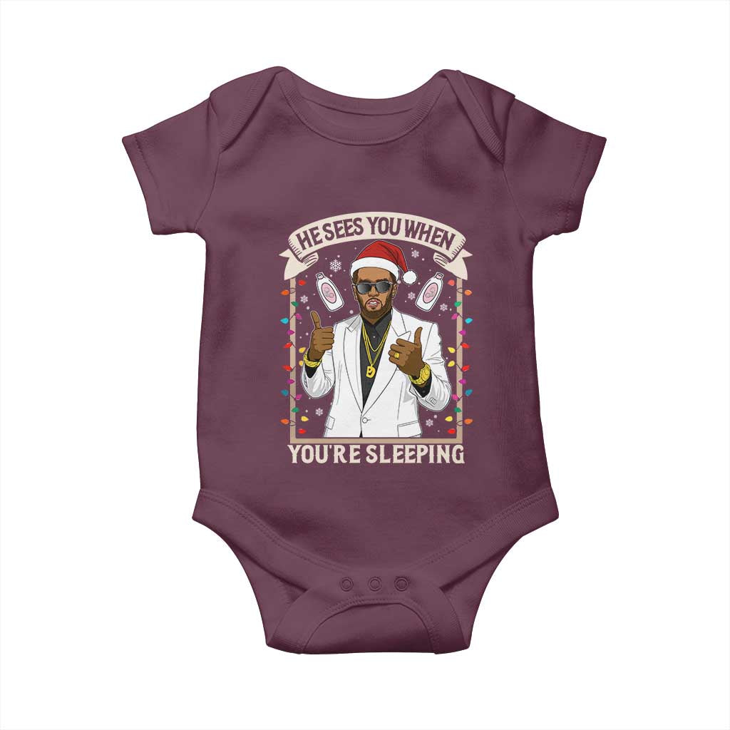 Funny Christmas Diddy Baby Onesie He Sees You When Youre Sleeping Dirty Xmas Lights TS10 Maroon Print Your Wear