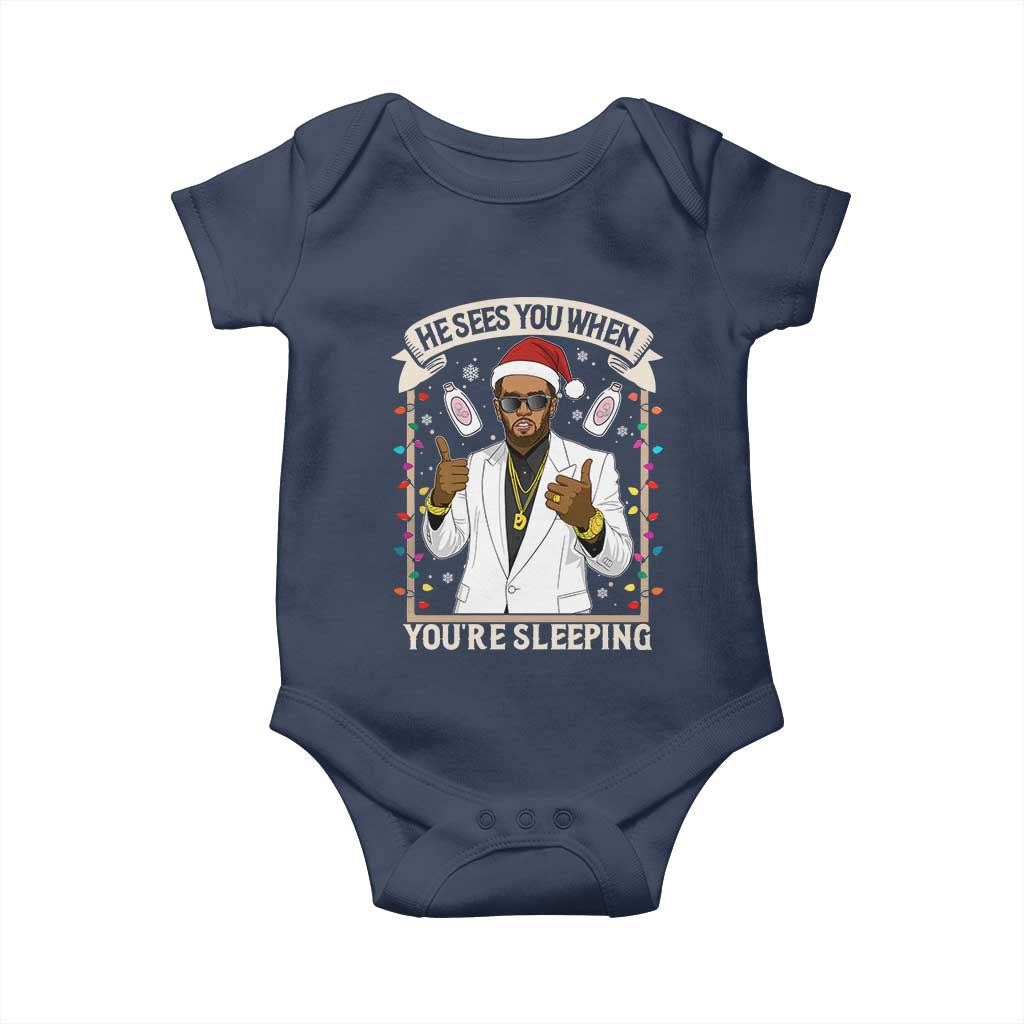 Funny Christmas Diddy Baby Onesie He Sees You When Youre Sleeping Dirty Xmas Lights TS10 Navy Print Your Wear