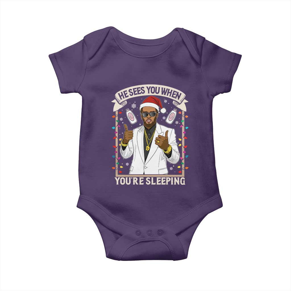 Funny Christmas Diddy Baby Onesie He Sees You When Youre Sleeping Dirty Xmas Lights TS10 Purple Print Your Wear