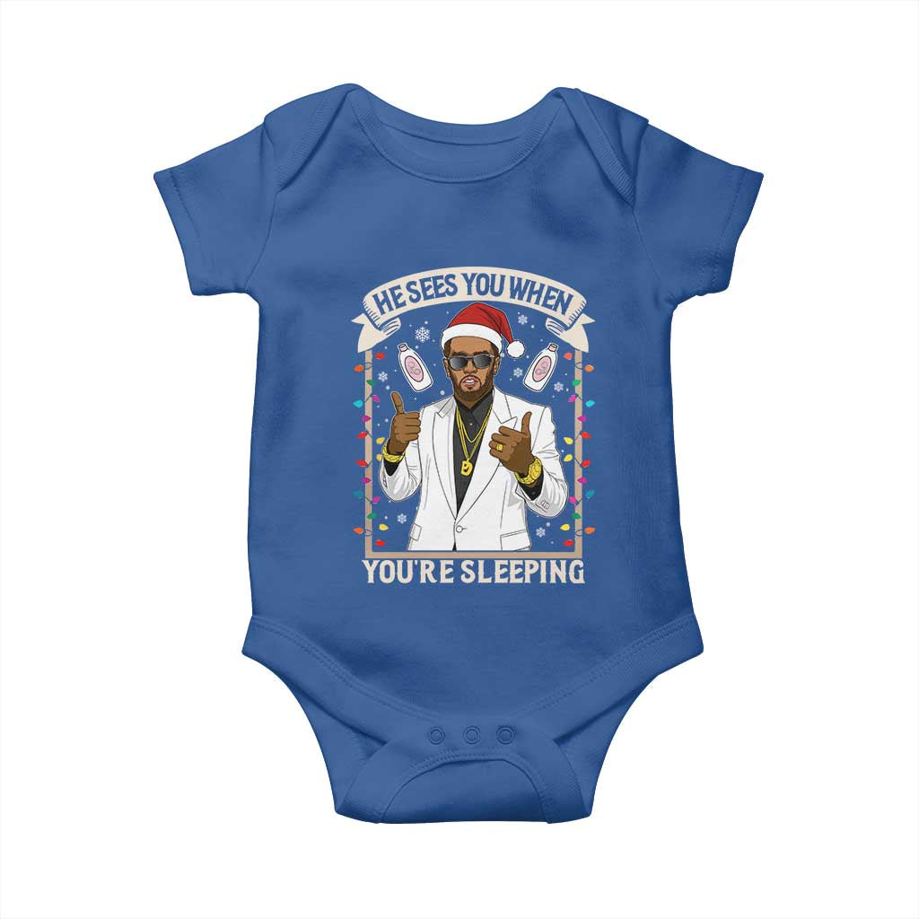 Funny Christmas Diddy Baby Onesie He Sees You When Youre Sleeping Dirty Xmas Lights TS10 Royal Blue Print Your Wear