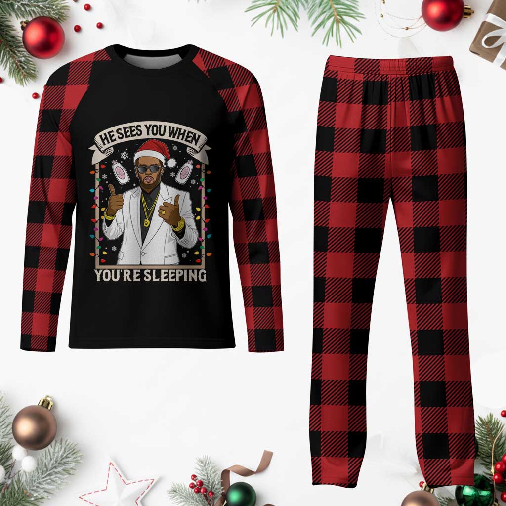 Funny Christmas Diddy Plaid Pajama Set He Sees You When Youre Sleeping Dirty Xmas Lights TS10 Buffalo Plaid Print Your Wear