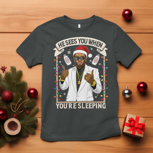 Funny Christmas Diddy T Shirt He Sees You When Youre Sleeping Dirty Xmas Lights TS10 Dark Heather Print Your Wear