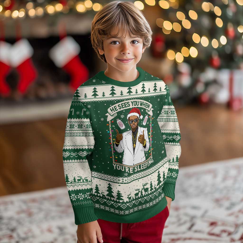 Funny Xmas Diddy Ugly Christmas Sweater He Sees You When Youre Sleeping Dirty Xmas Lights TS10 Forest Green Beige Print Your Wear