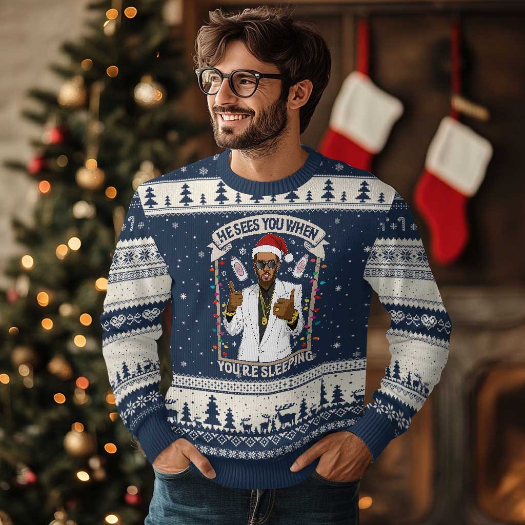 Funny Xmas Diddy Ugly Christmas Sweater He Sees You When Youre Sleeping Dirty Xmas Lights TS10 Navy Beige Print Your Wear