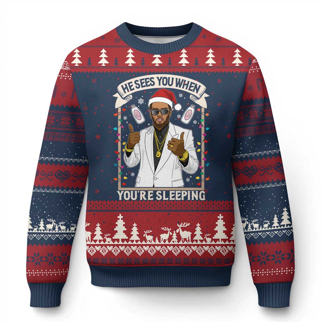 Funny Xmas Diddy Ugly Christmas Sweater He Sees You When Youre Sleeping Dirty Xmas Lights TS10 Navy Red Print Your Wear