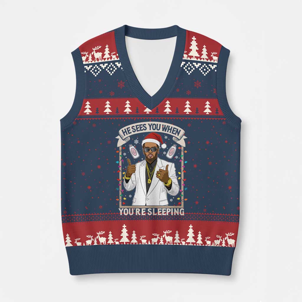 Funny Xmas Diddy V-Neck Knit Sweater Vest He Sees You When Youre Sleeping Dirty Xmas Lights TS10 Navy Red Print Your Wear
