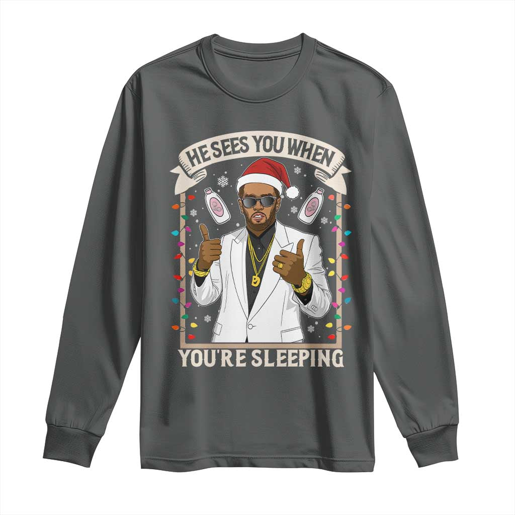 Funny Christmas Diddy Long Sleeve Shirt He Sees You When Youre Sleeping Dirty Xmas Lights TS10 Dark Heather Print Your Wear