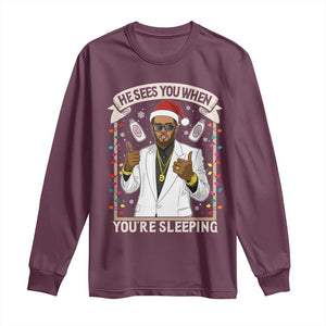 Funny Christmas Diddy Long Sleeve Shirt He Sees You When Youre Sleeping Dirty Xmas Lights TS10 Maroon Print Your Wear