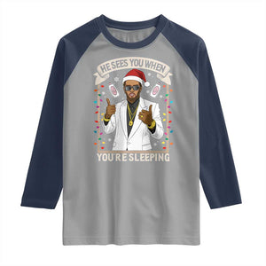 Funny Christmas Diddy Raglan Shirt He Sees You When Youre Sleeping Dirty Xmas Lights TS10 Sport Gray Navy Print Your Wear