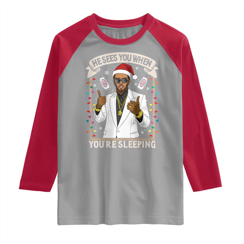 Funny Christmas Diddy Raglan Shirt He Sees You When Youre Sleeping Dirty Xmas Lights TS10 Sport Gray Red Print Your Wear