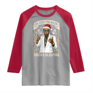 Funny Christmas Diddy Raglan Shirt He Sees You When Youre Sleeping Dirty Xmas Lights TS10 Sport Gray Red Print Your Wear