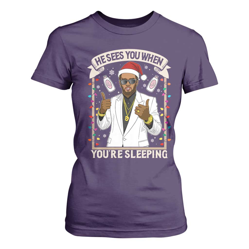 Funny Christmas Diddy T Shirt For Women He Sees You When Youre Sleeping Dirty Xmas Lights TS10 Purple Print Your Wear