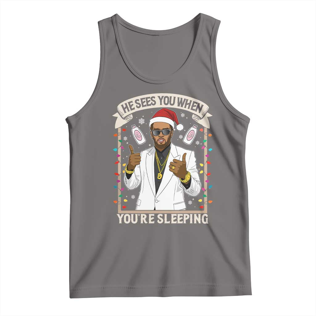 Funny Christmas Diddy Tank Top He Sees You When Youre Sleeping Dirty Xmas Lights TS10 Deep Heather Print Your Wear