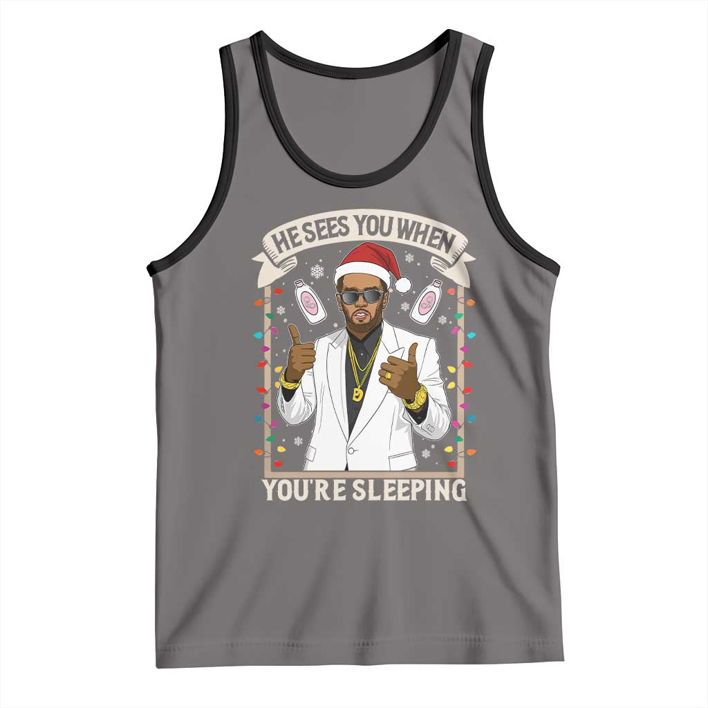 Funny Christmas Diddy Tank Top He Sees You When Youre Sleeping Dirty Xmas Lights TS10 Deep Heather Black Print Your Wear