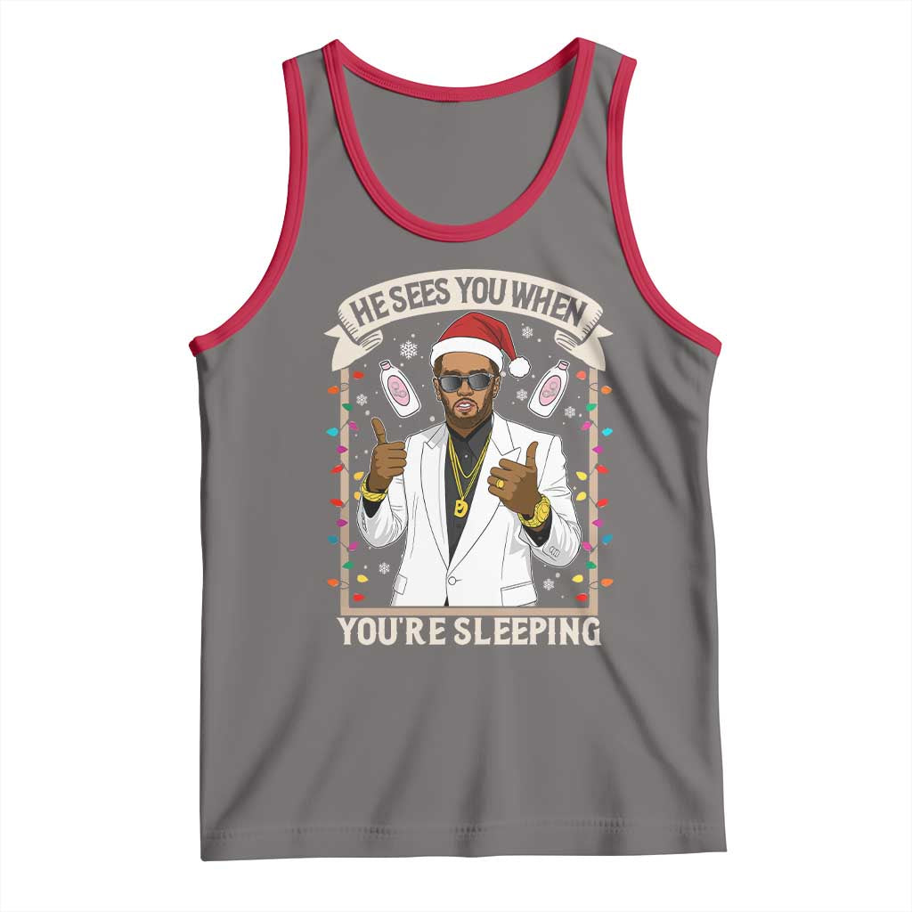 Funny Christmas Diddy Tank Top He Sees You When Youre Sleeping Dirty Xmas Lights TS10 Deep Heather Red Print Your Wear