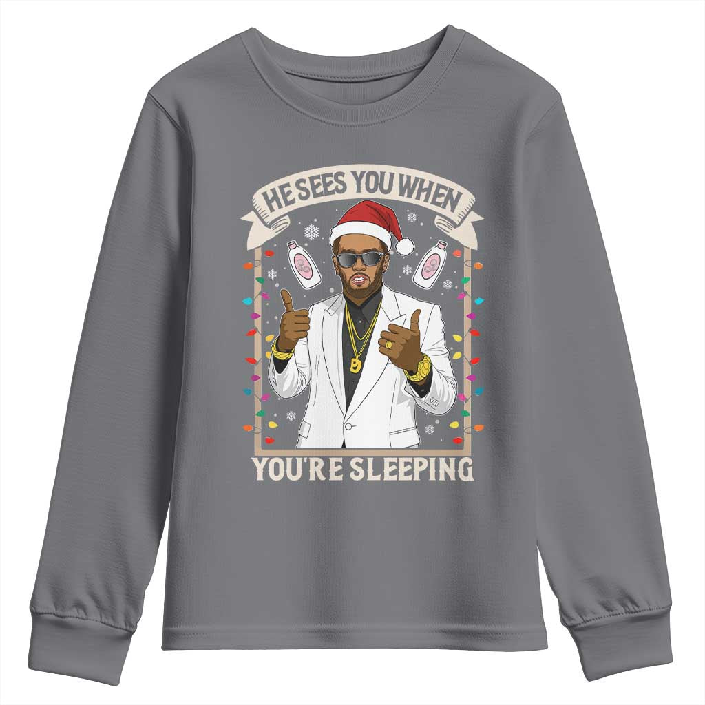 Funny Christmas Diddy Youth Sweatshirt He Sees You When Youre Sleeping Dirty Xmas Lights TS10 Charcoal Print Your Wear