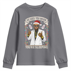 Funny Christmas Diddy Youth Sweatshirt He Sees You When Youre Sleeping Dirty Xmas Lights TS10 Charcoal Print Your Wear
