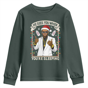 Funny Christmas Diddy Youth Sweatshirt He Sees You When Youre Sleeping Dirty Xmas Lights TS10 Dark Forest Green Print Your Wear
