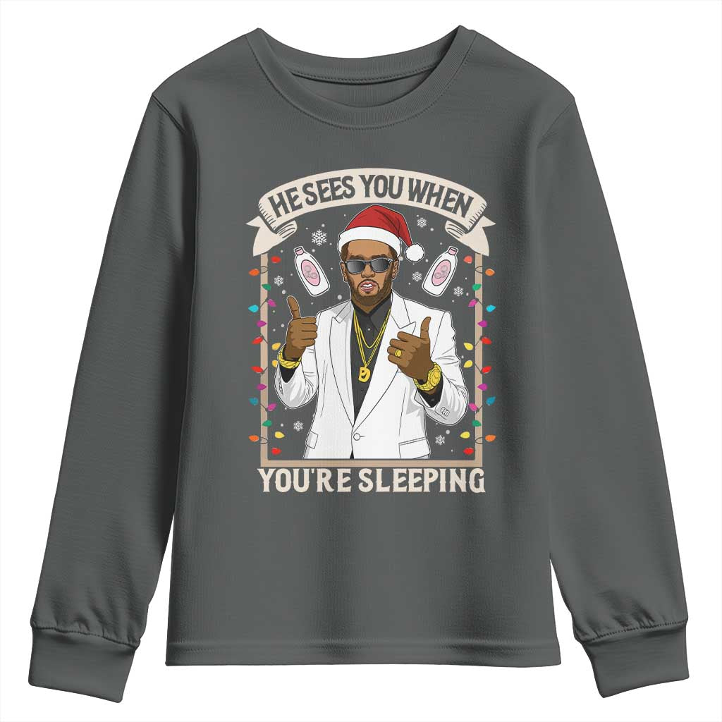 Funny Christmas Diddy Youth Sweatshirt He Sees You When Youre Sleeping Dirty Xmas Lights TS10 Dark Heather Print Your Wear