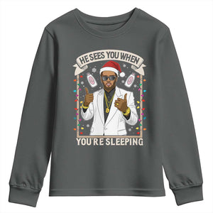 Funny Christmas Diddy Youth Sweatshirt He Sees You When Youre Sleeping Dirty Xmas Lights TS10 Dark Heather Print Your Wear