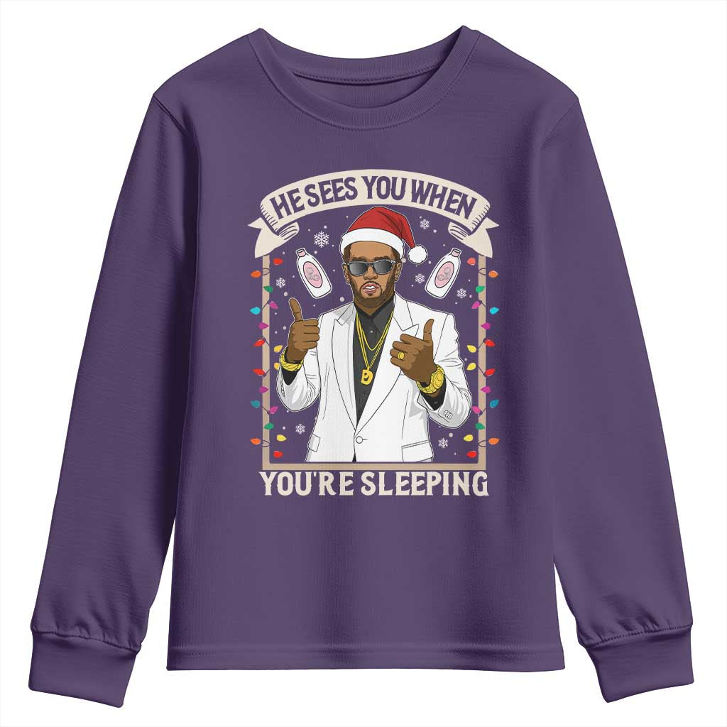 Funny Christmas Diddy Youth Sweatshirt He Sees You When Youre Sleeping Dirty Xmas Lights TS10 Purple Print Your Wear