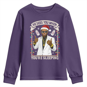 Funny Christmas Diddy Youth Sweatshirt He Sees You When Youre Sleeping Dirty Xmas Lights TS10 Purple Print Your Wear
