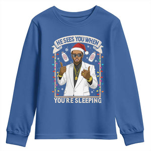Funny Christmas Diddy Youth Sweatshirt He Sees You When Youre Sleeping Dirty Xmas Lights TS10 Royal Blue Print Your Wear