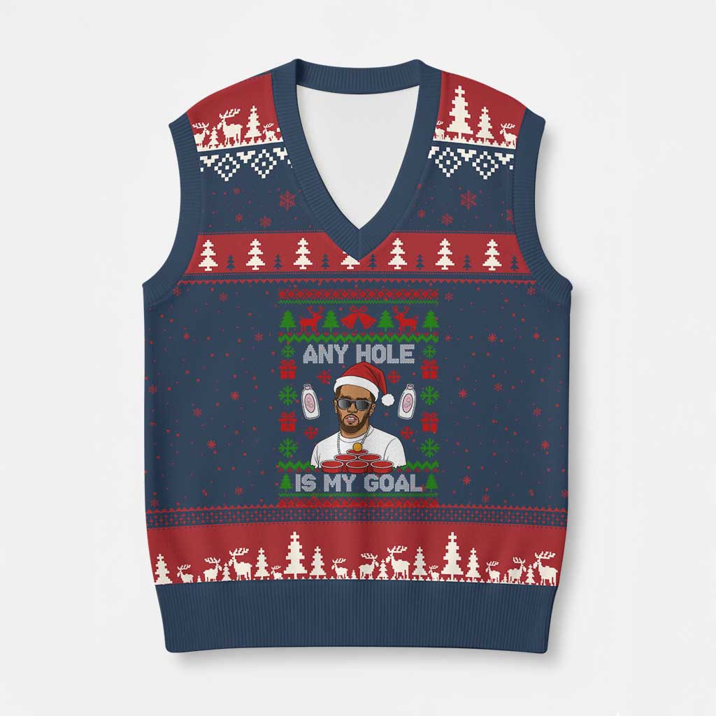 Funny Xmas Diddy V-Neck Knit Sweater Vest Embarrassing Any Hole is My Goal Dirty Ugly Xmas TS10 Navy Red Print Your Wear