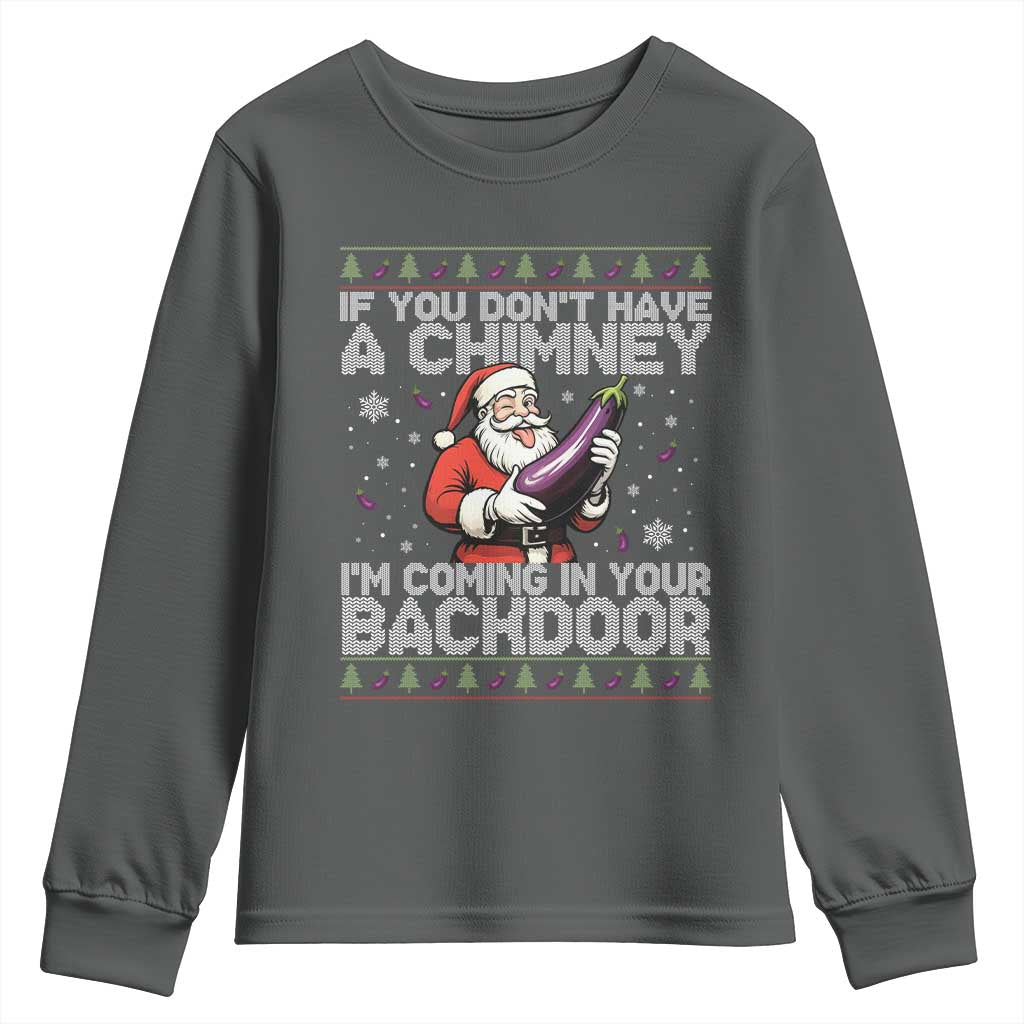 Funny Inappropriate Christmas Youth Sweatshirt Santa If You Dont Have A Chimney Im Coming In Your Backdoor TS10 Dark Heather Print Your Wear