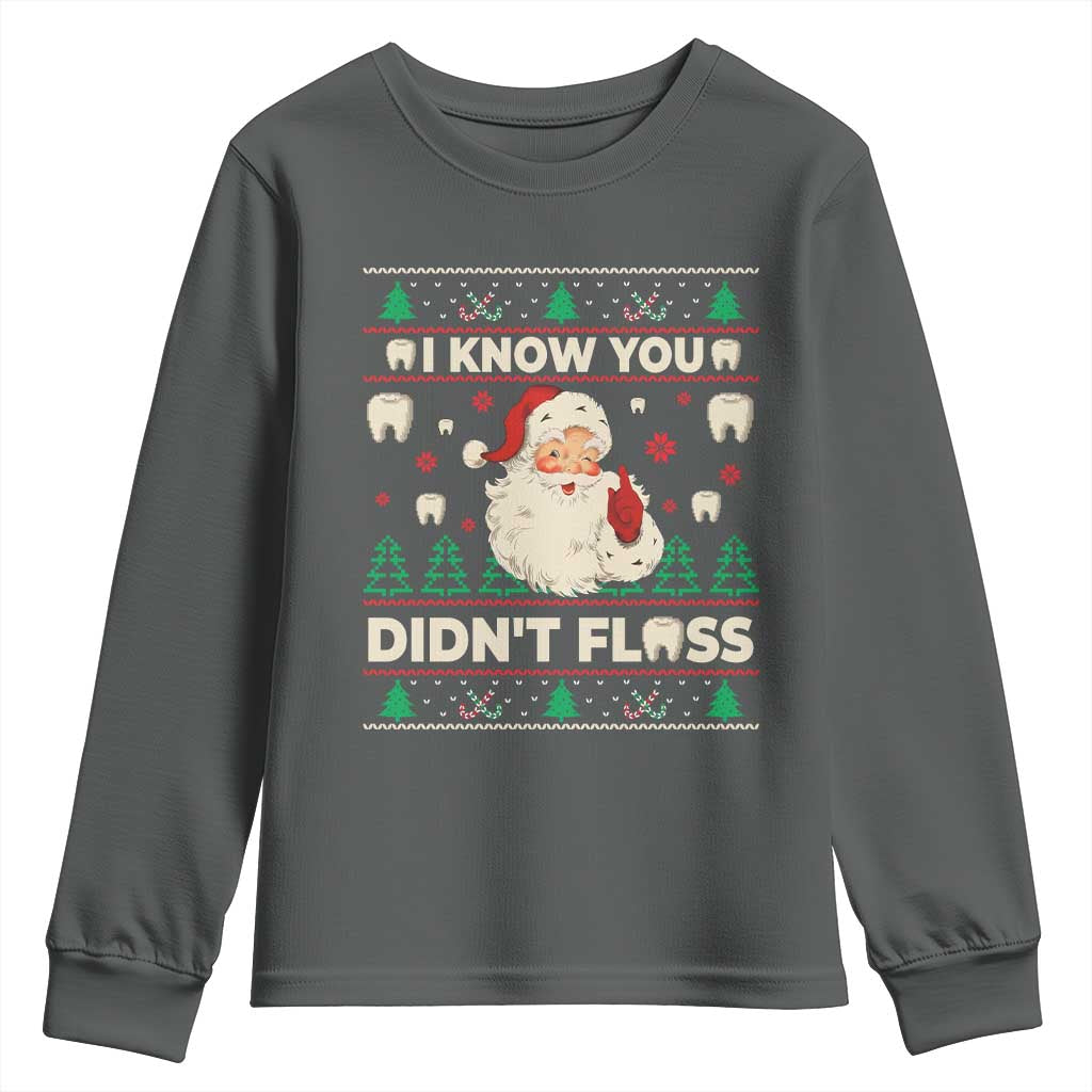 I Know You Didnt Floss Dentist Ugly Christmas Youth Sweatshirt Funny Santa Dental Hygiene TS10 Dark Heather Print Your Wear