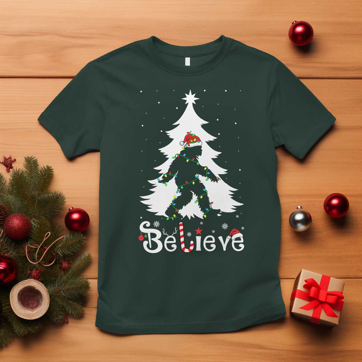 Bigfoot Christmas T Shirt Santa Bigfoot Xmas Tree Funny Sasquatch Yeti TS10 Dark Forest Green Print Your Wear