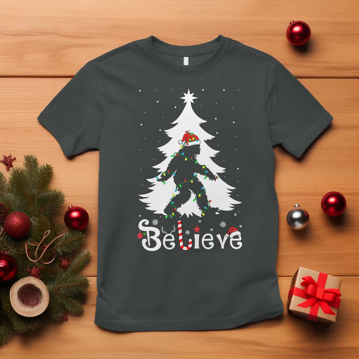 Bigfoot Christmas T Shirt Santa Bigfoot Xmas Tree Funny Sasquatch Yeti TS10 Dark Heather Print Your Wear