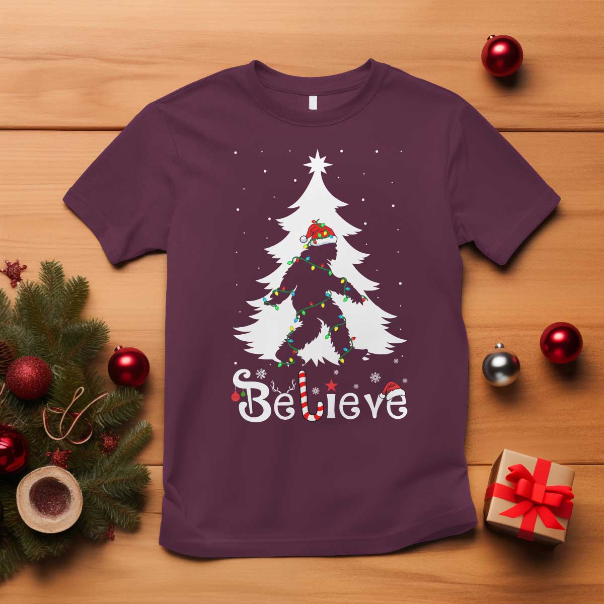 Bigfoot Christmas T Shirt Santa Bigfoot Xmas Tree Funny Sasquatch Yeti TS10 Maroon Print Your Wear