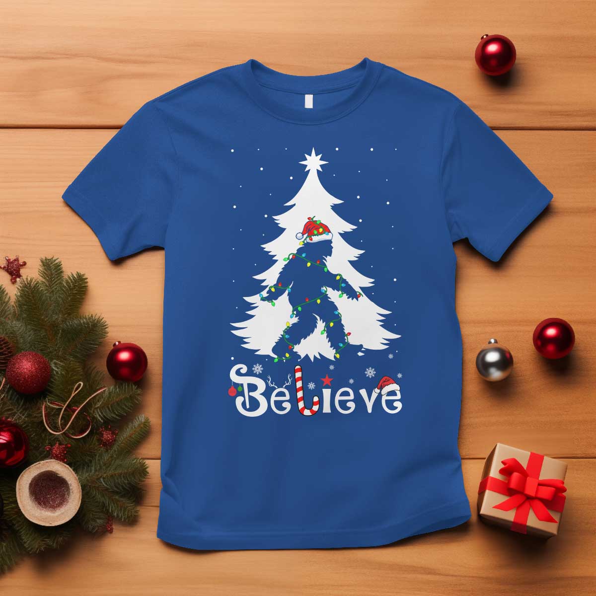 Bigfoot Christmas T Shirt Santa Bigfoot Xmas Tree Funny Sasquatch Yeti TS10 Royal Blue Print Your Wear