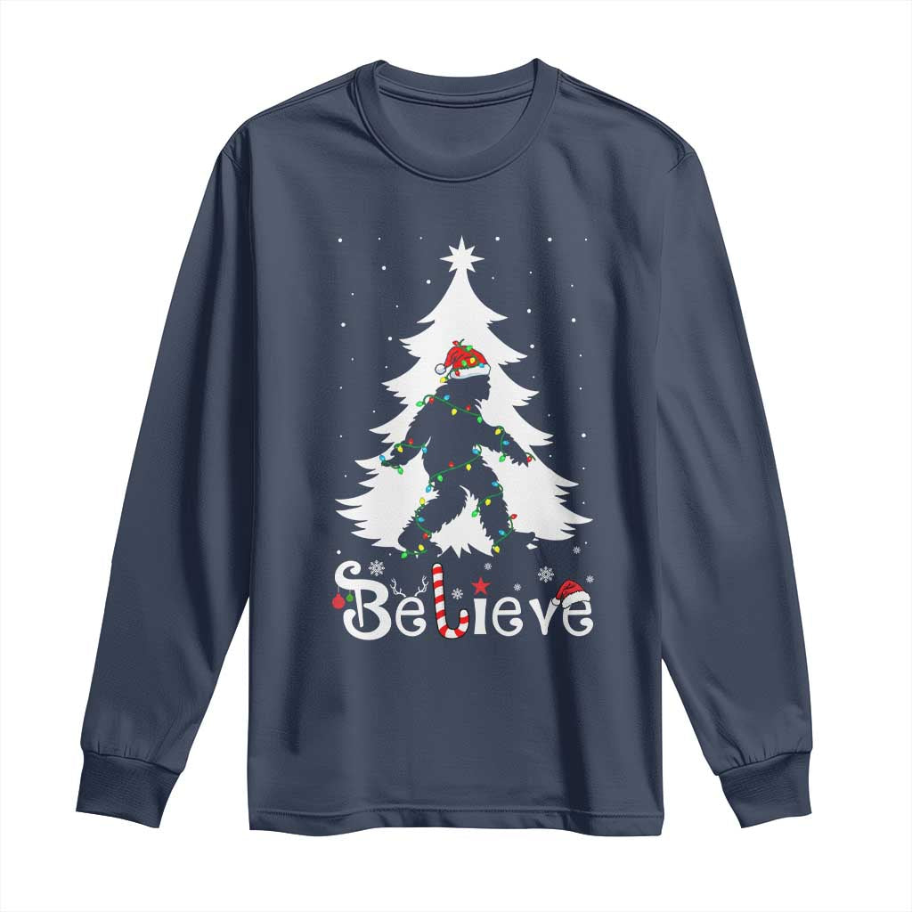 Bigfoot Christmas Long Sleeve Shirt Santa Bigfoot Xmas Tree Funny Sasquatch Yeti TS10 Navy Print Your Wear