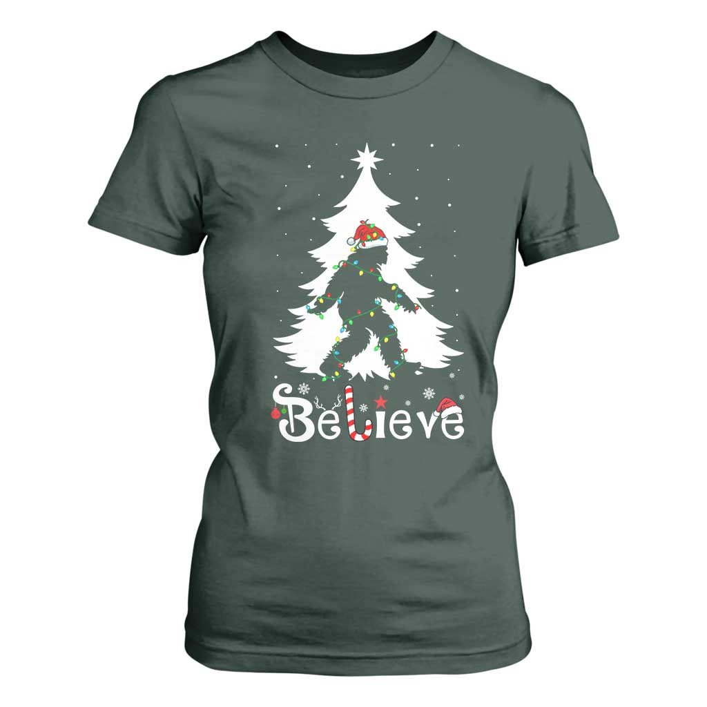 Bigfoot Christmas T Shirt For Women Santa Bigfoot Xmas Tree Funny Sasquatch Yeti TS10 Dark Forest Green Print Your Wear