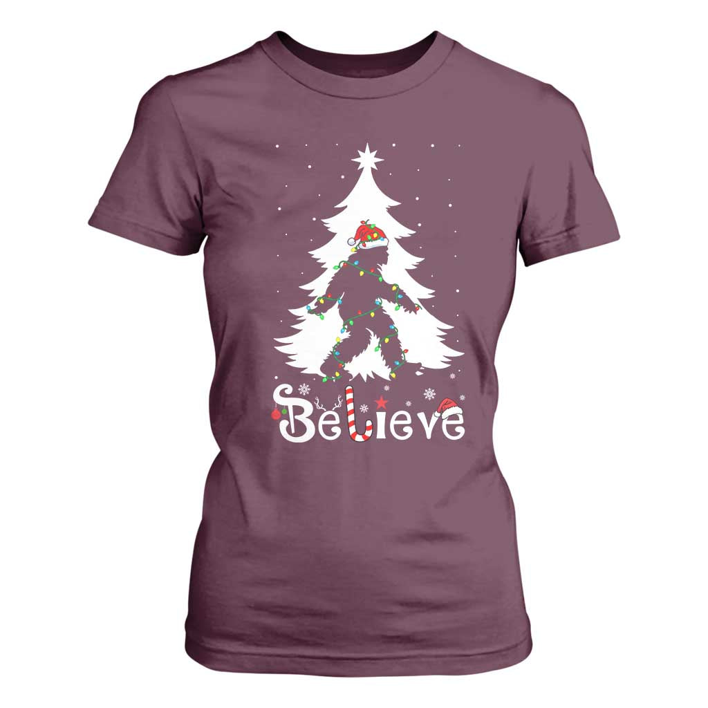 Bigfoot Christmas T Shirt For Women Santa Bigfoot Xmas Tree Funny Sasquatch Yeti TS10 Maroon Print Your Wear